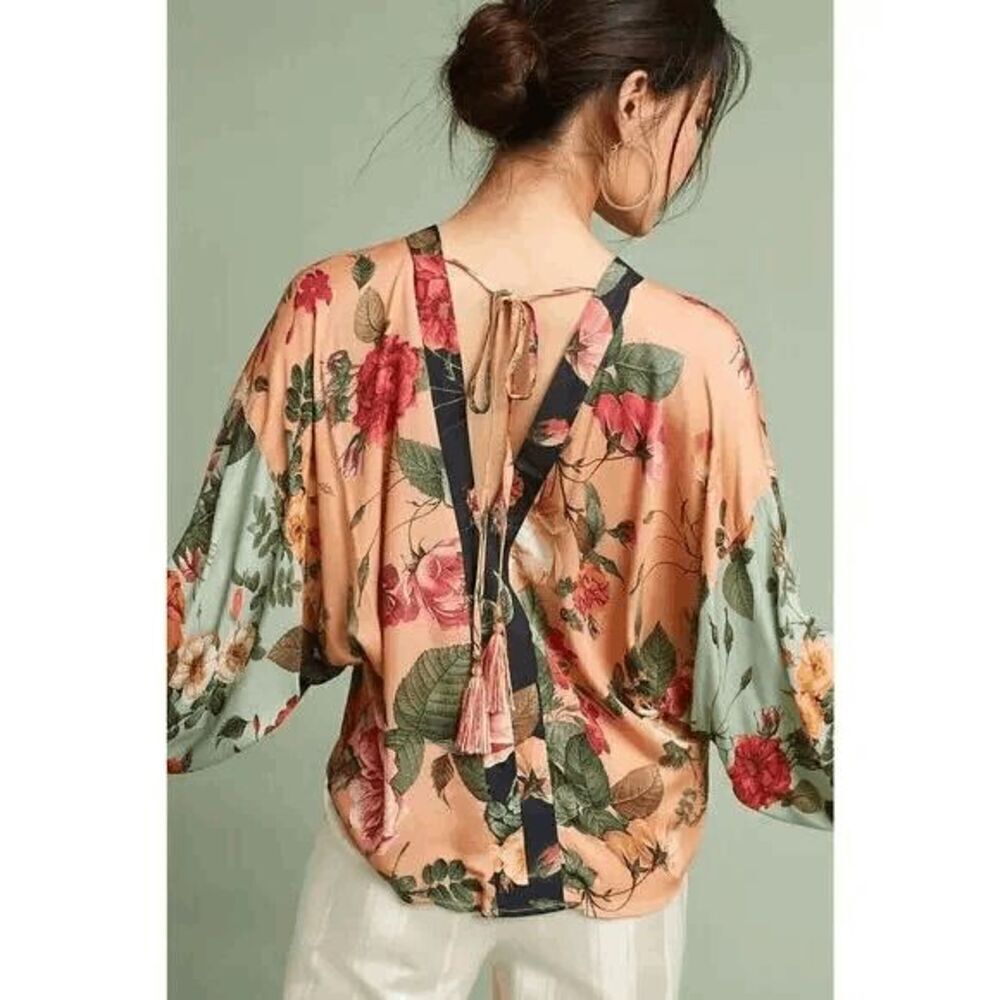 Farm Rio x Anthropologie tassel tie floral top kimono shirt XS